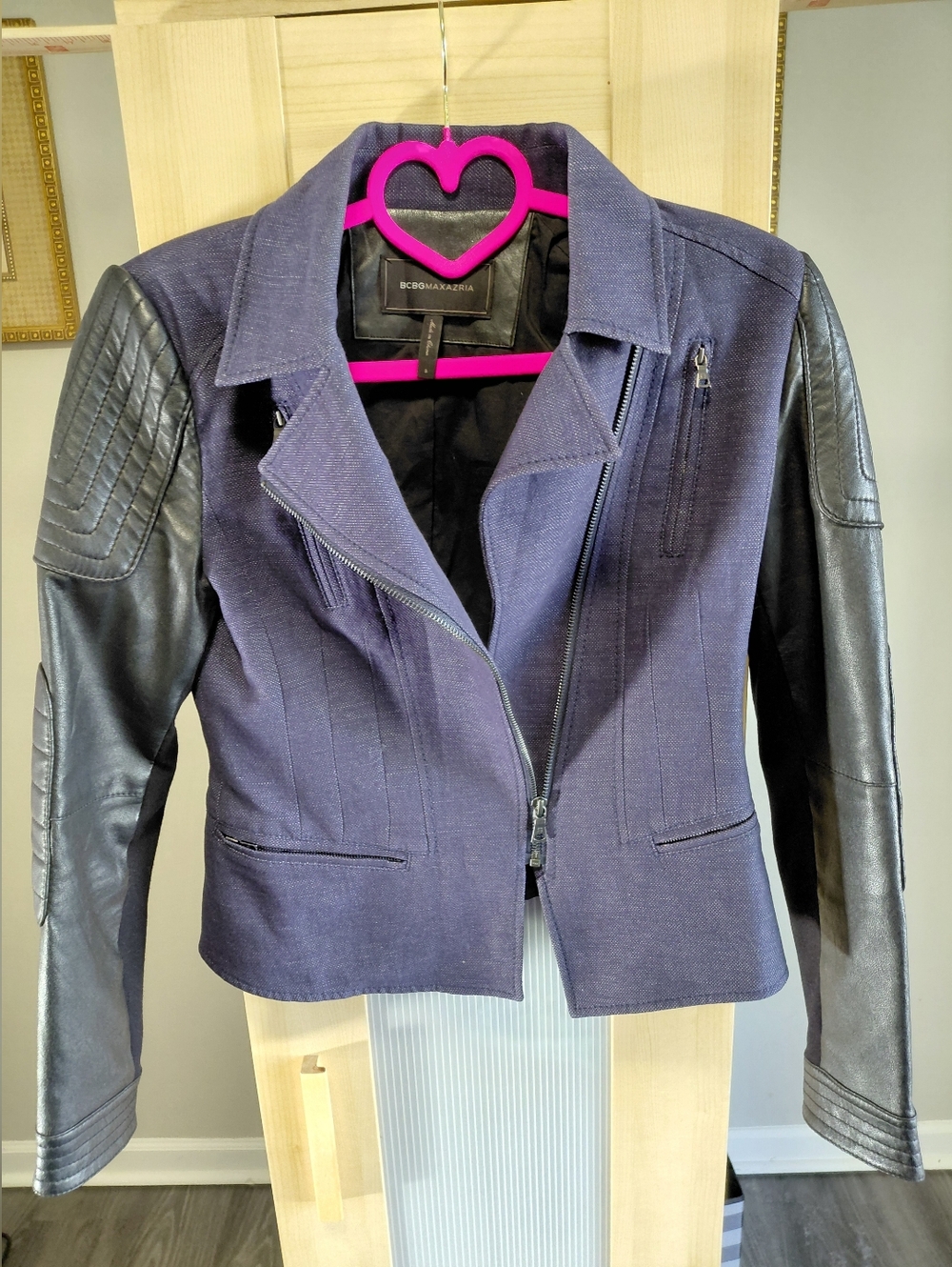 BCBGMAXAZRIA Blue Moto Jacket with Black Faux-Leather Sleeves
